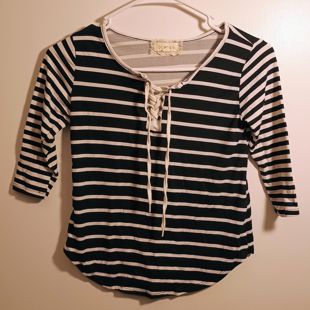 btween Black and White Striped Lace-Up Long Sleeve Top